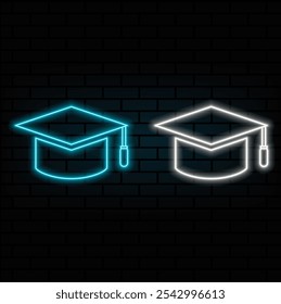 Vector realistic isolated neon sign graduation cap on the wall background for decoration and covering. Concept of education, graduation and back to school.