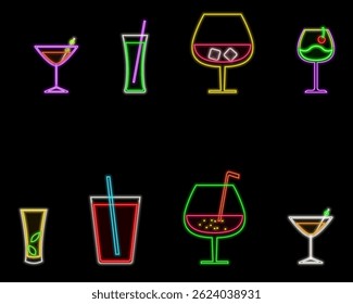 Vector realistic isolated neon sign of cocktails for decoration and covering. drinks icons. Nightclub and bar concept..