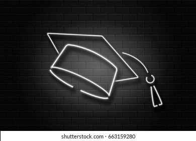 Vector realistic isolated neon sign graduation cap on the wall background for decoration and covering. Concept of education, graduation and back to school.