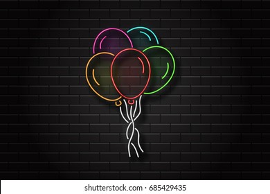 Vector Realistic Isolated Neon Sign Of Balloons For Celebration And Decoration On The Wall Background. Concept Of Happy Birthday, Anniversary And Wedding.