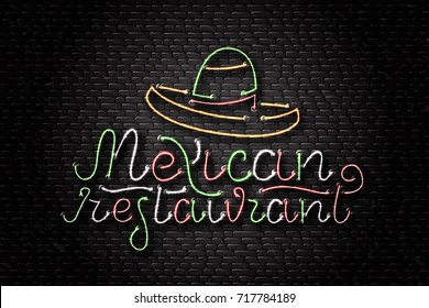 Vector realistic isolated neon sign logo for Mexican Restaurant and sombrero for decoration and covering on the wall background.