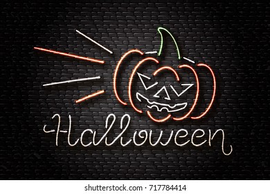 Vector realistic isolated neon sign with lettering and pumpkin for Happy Halloween for decoration and covering on the wall background. Concept of Halloween Party or Disco.