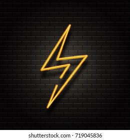 Vector realistic isolated neon sign of thunder lightning for decoration and covering on the wall background. Concept of energy and electricity.