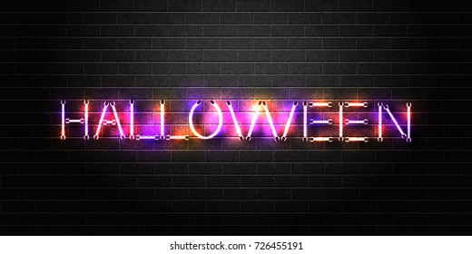 Vector realistic isolated neon sign of Halloween lettering on a brick wall background.  