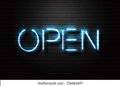 Vector realistic isolated neon sign Open lettering for decoration and covering on the wall background.