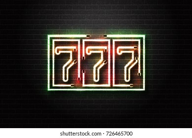 Vector realistic isolated neon sign of 777 slot machine for decoration and covering on the wall background. Concept of casino.