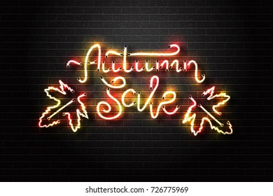 Vector realistic isolated neon sign for Autumn Sale for decoration and covering on the wall background. Concept of Happy Autumn.