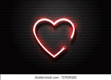 Векторный реалистичный изолированный неоновый знак сердца для украшения и покрытия на фоне стены.