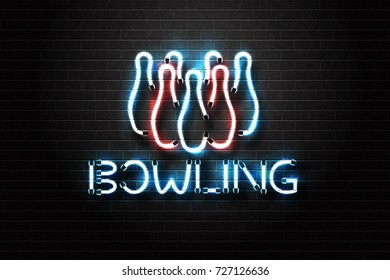 Vector realistic isolated neon sign of bowling for decoration and covering on the wall background. Concept of game sport.