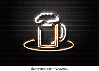 Vector realistic isolated neon sign of beer mug for decoration on the wall background. Concept of cafe, pub or restaurant.