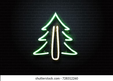 Vector realistic isolated neon sign of spruce tree for decoration and covering on the wall background. Concept of Happy Christmas and Happy New Year.