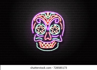 Vector realistic isolated neon sign of skull for decoration and covering on the wall background. Concept of Happy Day of the Dead in Mexico.