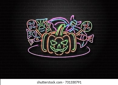 Vector realistic isolated neon sign of Halloween spooky elements and candies for decoration and covering on the wall background. Concept of Happy Halloween.