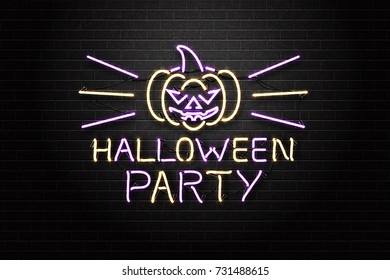 Vector realistic isolated neon sign of Halloween spooky pumpkin and lettering for decoration and covering on the wall background. Concept of Happy Halloween Party.