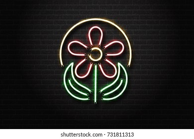 Vector realistic isolated neon sign of flower for decoration on the wall background.