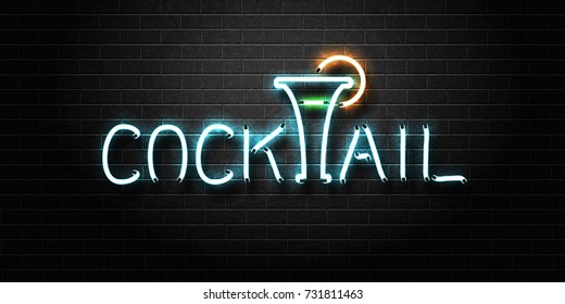 Vector realistic isolated neon sign of cocktail for decoration and covering on the wall background. Concept of night club and bar.