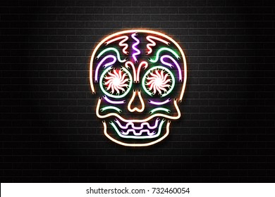 Vector realistic isolated neon sign for Dia de Muertos skull for decoration and covering on the wall background. Concept of Happy Day of the Dead in Mexico.