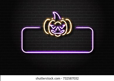 Vector realistic isolated neon sign of Halloween frame with evil pumpkin for decoration and covering on the wall background. 
