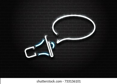 Vector realistic isolated neon sign of megaphone and speech bubble for decoration and covering on the wall background.