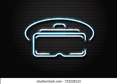 Vector realistic isolated neon sign of VR glasses for decoration and covering on the wall background. Concept of game, cyberspace and virtual reality entertainment experience.