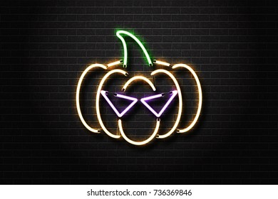 Vector realistic isolated neon sign of Halloween spooky pumpkin for decoration and covering on the wall background. Concept of Happy Halloween.