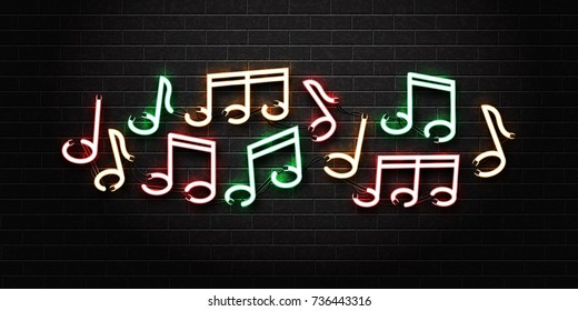 Vector realistic isolated neon sign of notes for decoration and covering on the wall background. Concept of music, jazz and dj.