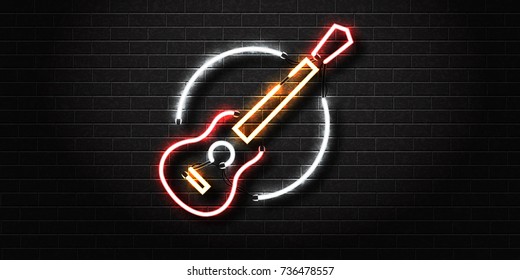 Vector realistic isolated neon sign of guitar for decoration and covering on the wall background. Concept of music, dj and live concert.