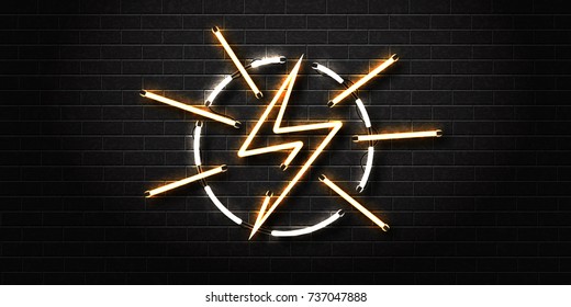 Vektorrealistisches, isoliertes Neonzeichen für Dekoration und Decken auf dem Wandhintergrund. Konzept von Blitz und Strom.