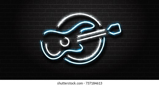 Vector realistic isolated neon sign of guitar for decoration and covering on the wall background. Concept of music, dj and live concert.