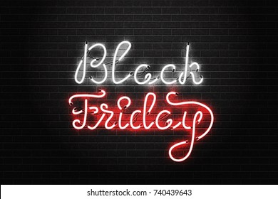Vector realistic isolated neon sign of Black Friday lettering for decoration and covering on the wall background. Concept of sale, clearance and discount.