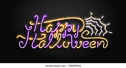 Vector realistic isolated neon sign of Halloween lettering and spider web for decoration and covering on the transparent background. Concept of Happy Halloween.