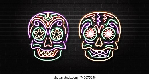 Vector realistic isolated neon sign for Dia de Muertos skull for decoration and covering on the wall background. Concept of Happy Day of the Dead in Mexico.