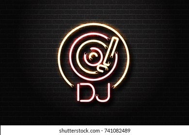 Vector realistic isolated neon sign of dj logo with vinyl for decoration and covering on the wall background. Concept of music, dj and live concert.