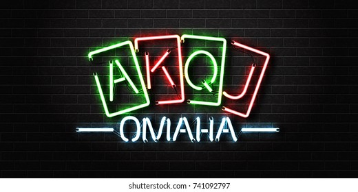 Vector realistic isolated neon sign of Omaha poker lettering for decoration and covering on the wall background. Concept of casino and gambling.