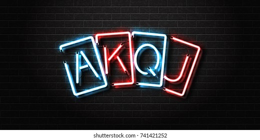 Vector realistic isolated neon sign of playing cards for decoration and covering on the wall background. Concept of casino and gambling.