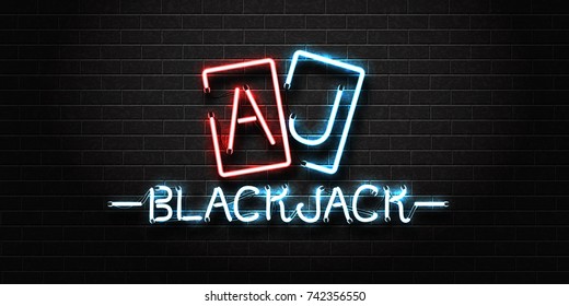 Vector realistic isolated neon sign for Blackjack lettering and playing cards for decoration and covering on the wall background. Concept of casino and gambling.