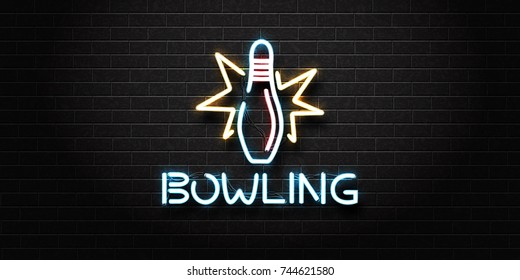 Vector realistic isolated neon sign for bowling for decoration and covering on the wall background. Concept of game sport and bowling club.