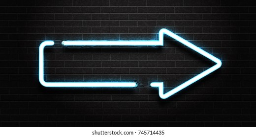 Vector realistic isolated neon sign of arrow for decoration and covering on a dark brick wall background.