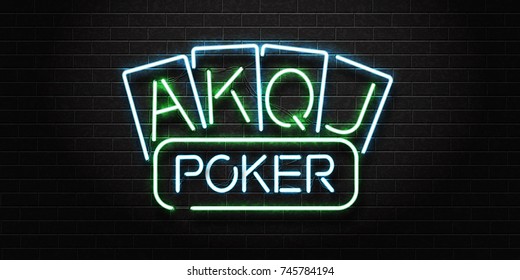 Vector realistic isolated neon sign for Poker and playing cards for decoration and covering on the wall background. Concept of casino and gambling.