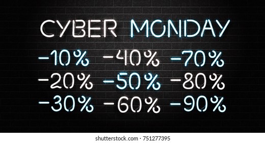 Vector realistic isolated neon sign of Cyber Monday lettering and sale discount numbers for decoration and covering on the wall background.