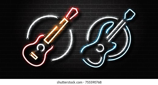 Vector realistic isolated neon sign of guitar for decoration and covering on the wall background. Concept of music, dj and live concert.