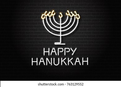 Vector realistic isolated neon sign of Happy Hanukkah for decoration and covering on the wall background.