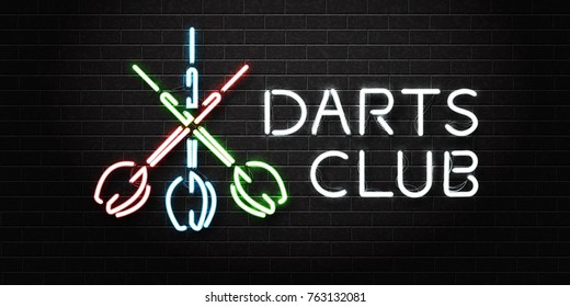 Vector realistic isolated neon sign of Darts for decoration and covering on the wall background. Concept of sport game and darts club.