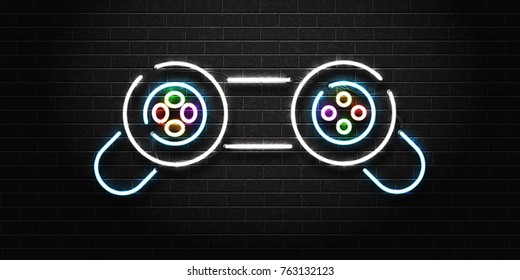 Vector realistic isolated neon sign of controller for decoration on the wall background. Concept of game and computer leisure.