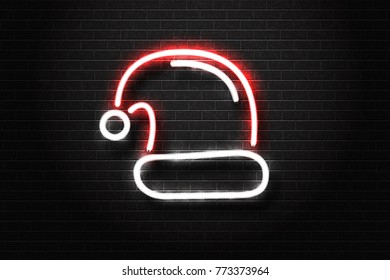 Vector realistic isolated neon sign of Santa Claus hat for decoration and covering on the wall background. Concept of Happy Christmas and Happy New Year.