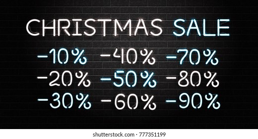 Vector realistic isolated neon sign for Christmas Sale with discount numbers for decoration and covering on the wall background. Concept of Merry Christmas