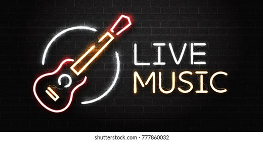 Vector realistic isolated neon sign of guitar for decoration and covering on the wall background. Concept of live music, dj and live concert.