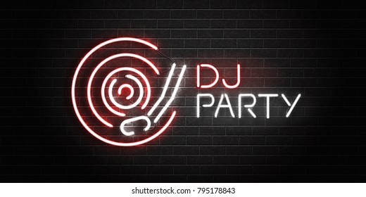 Vector realistic isolated neon sign of Dj Party lettering with vinyl for decoration and covering on the wall background. Concept of music, dj and live concert.