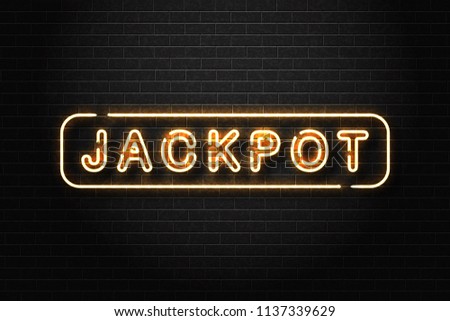 Vector realistic isolated neon sign of Jackpot logo on the wall background. Concept of slot machine win, casino and award ceremony.