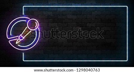 Vector realistic isolated neon sign of Microphone frame logo for template decoration and covering on the wall background. Concept of music, stand up comedy show and karaoke.